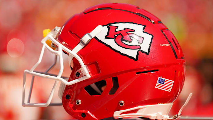 Aug 17, 2024; Kansas City, Missouri, USA; A general view of a Kansas City Chiefs helmet against the Detroit Lions during the first half at GEHA Field at Arrowhead Stadium. Mandatory Credit: Denny Medley-Imagn Images