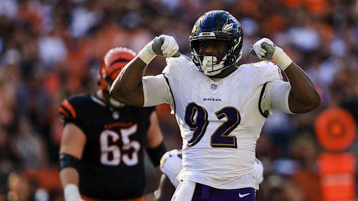 Baltimore Ravens defensive tackle Nnamdi Madubuike reacts after sacking Cincinnati Bengals quarterback Joe Burrow.