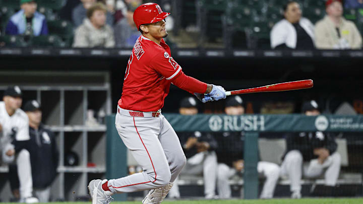 Apr 27, 2026; Chicago, Illinois, USA; Los Angeles Angels second baseman Vaughn Grissom (5) hits an RBI-sacrifice fly against the Chicago White Sox during the fourth inning at Rate Field. Mandatory Credit: Kamil Krzaczynski-Imagn Images