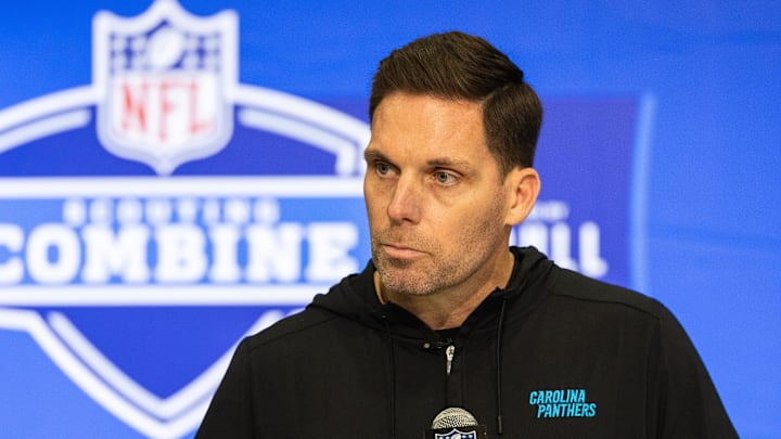 Feb 27, 2024; Indianapolis, IN, USA; Carolina Panthers President of Football Operations/General Manager Dan Morgan talks to the media at the 2024 NFL Combine at Indiana Convention Center. Mandatory Credit: Trevor Ruszkowski-USA TODAY Sports