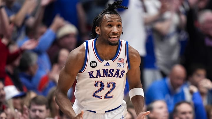 Jan 31, 2026; Lawrence, Kansas, USA; Kansas Jayhawks guard Darryn Peterson (22) reacts after scoring during the first half against the UCF Knights at Allen Fieldhouse. Mandatory Credit: Jay Biggerstaff-Imagn Images