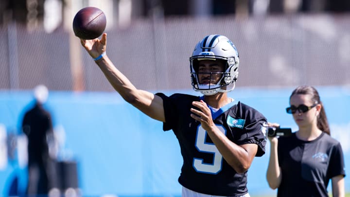Jul 26, 2025; Charlotte, NC, USA; Carolina Panthers quarterback Bryce Young (9) throws during practice at training camp. Mandatory Credit: Scott Kinser-Imagn Images Jul 26, 2025; Charlotte, NC, USA; Carolina Panthers quarterback Bryce Young (9) throws during practice at training camp. Mandatory Credit: Scott Kinser-Imagn Images