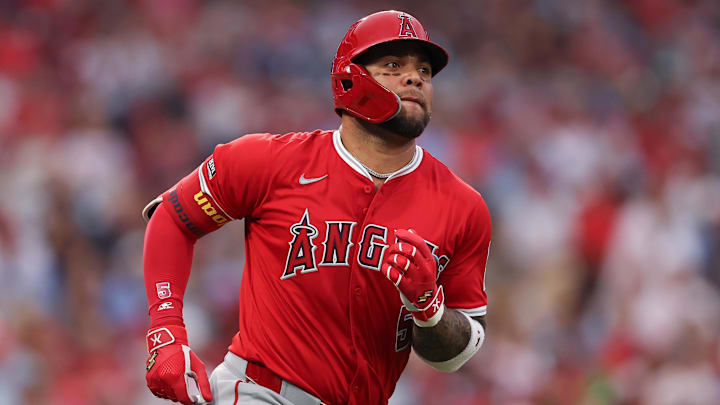 Jul 19, 2025; Philadelphia, Pennsylvania, USA; Los Angeles Angels third base Yoan Moncada (5) runs the bases after hitting a home run during the sixth inning against the Philadelphia Phillies at Citizens Bank Park. Mandatory Credit: Bill Streicher-Imagn Images