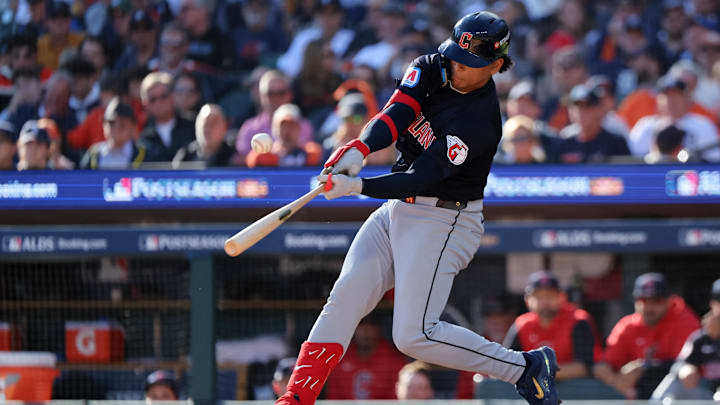 Oct 9, 2024; Detroit, Michigan, USA; Cleveland Guardians catcher Bo Naylor (23) flies out to first base against the Detroit Tigers during the fifth inning during game three of the ALDS for the 2024 MLB Playoffs at Comerica Park. Oct 9, 2024; Detroit, Michigan, USA; Cleveland Guardians catcher Bo Naylor (23) flies out to first base against the Detroit Tigers during the fifth inning during game three of the ALDS for the 2024 MLB Playoffs at Comerica Park.