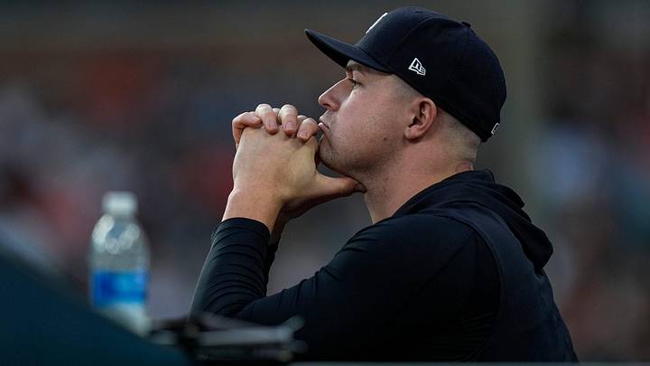 Detroit Tigers pitcher Tarik Skubal watches from the dugout Detroit Tigers pitcher Tarik Skubal watches from the dugout