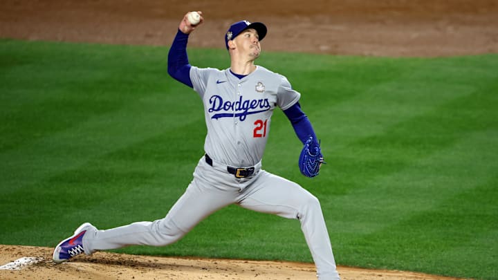 Oct 28, 2024; New York, New York, USA; Los Angeles Dodgers pitcher Walker Buehler (21) throws during the first inning in game three of the 2024 MLB World Series against the New York Yankees at Yankee Stadium. Oct 28, 2024; New York, New York, USA; Los Angeles Dodgers pitcher Walker Buehler (21) throws during the first inning in game three of the 2024 MLB World Series against the New York Yankees at Yankee Stadium.
