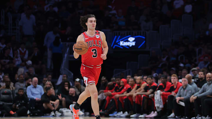 Mar 8, 2025; Miami, Florida, USA; Chicago Bulls guard Josh Giddey (3) dribbles the basketball against the Miami Heat during the first quarter at Kaseya Center. Mandatory Credit: Sam Navarro-Imagn Images
