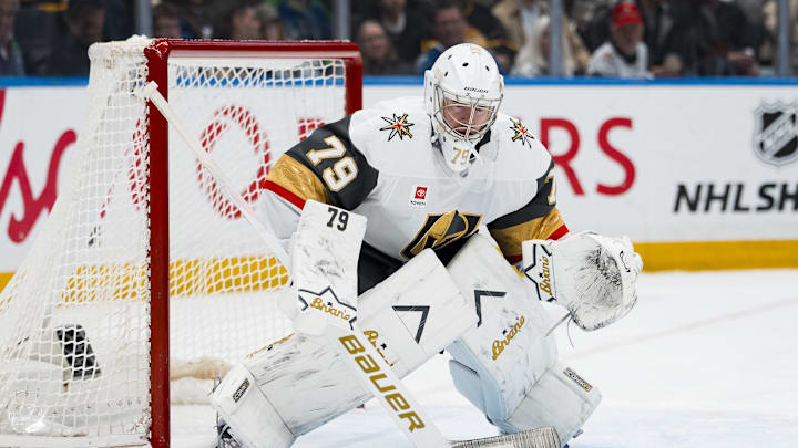 Apr 7, 2026; Vancouver, British Columbia, CAN; Vegas Golden Knights goalie Carter Hart (79) in the net against the Vancouver Canucks in the second period at Rogers Arena. Mandatory Credit: Bob Frid-Imagn Images
