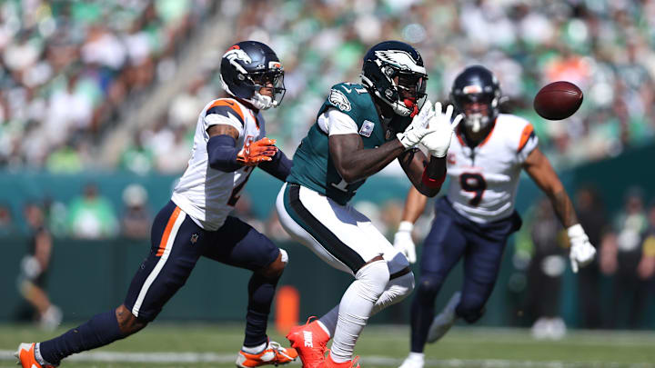 Oct 5, 2025; Philadelphia, Pennsylvania, USA; Philadelphia Eagles wide receiver A.J. Brown (11) makes a catch against Denver Broncos cornerback Pat Surtain II (2) in the first quarter at Lincoln Financial Field. Oct 5, 2025; Philadelphia, Pennsylvania, USA; Philadelphia Eagles wide receiver A.J. Brown (11) makes a catch against Denver Broncos cornerback Pat Surtain II (2) in the first quarter at Lincoln Financial Field.