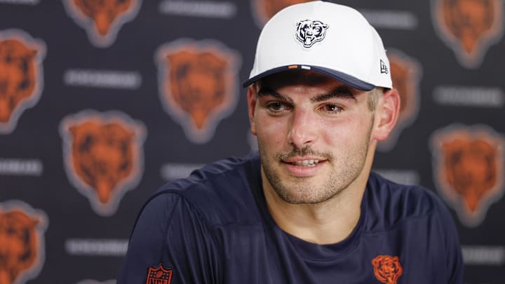 Chicago Bears tight end Cole Kmet (85) speaks during training camp at Halas Hall.