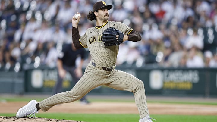 Sep 19, 2025; Chicago, Illinois, USA; San Diego Padres starting pitcher Dylan Cease (84) delivers a pitch against the Chicago White Sox during the first inning at Rate Field. Mandatory Credit: Kamil Krzaczynski-Imagn Images Sep 19, 2025; Chicago, Illinois, USA; San Diego Padres starting pitcher Dylan Cease (84) delivers a pitch against the Chicago White Sox during the first inning at Rate Field. Mandatory Credit: Kamil Krzaczynski-Imagn Images