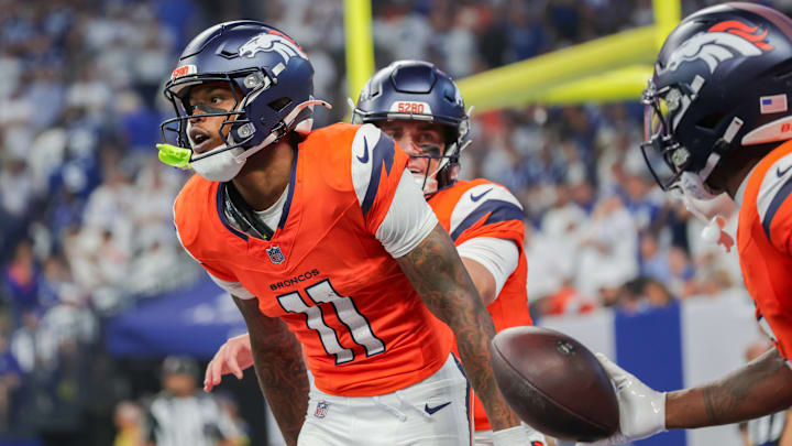 September 14, 2025, Indianapolis, Indiana, U.S: Denver Broncos wide receiver Troy Franklin (11) celebrates after catching a pass for a touchdown during the game between the Denver Broncos and the Indianapolis Colts at Lucas Oil Stadium, Indianapolis, Indiana.
