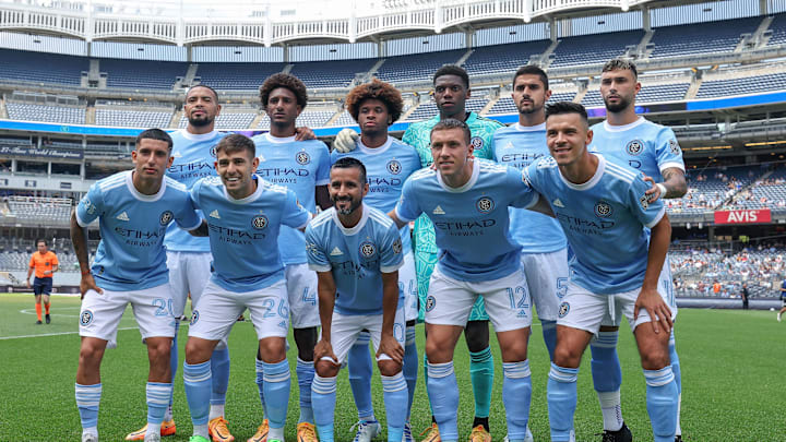 Jul 9, 2022; New York, New York, USA; New York City FC starting eleven pose for a photo before the