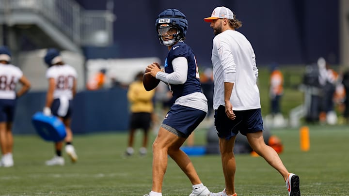 Denver Broncos quarterback Zach Wilson (4) during training camp at Broncos Park Powered by CommonSpirit last summer.