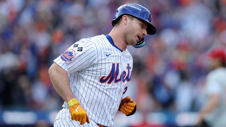 New York Mets first baseman Pete Alonso runs after hitting a home run against the Philadelphia Phillies during Game 3 of a National League Divisional Series on Oct. 8 at Citi Field. New York Mets first baseman Pete Alonso runs after hitting a home run against the Philadelphia Phillies during Game 3 of a National League Divisional Series on Oct. 8 at Citi Field.