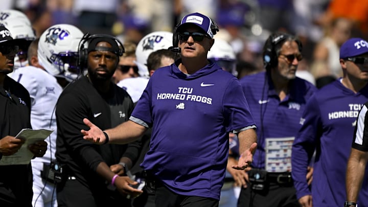 Sep 20, 2025; Fort Worth, Texas, USA; TCU Horned Frogs head coach Sonny Dykes reacts to a penalty during the first half against the SMU Mustangs at Amon G. Carter Stadium. Mandatory Credit: Jerome Miron-Imagn Images Sep 20, 2025; Fort Worth, Texas, USA; TCU Horned Frogs head coach Sonny Dykes reacts to a penalty during the first half against the SMU Mustangs at Amon G. Carter Stadium. Mandatory Credit: Jerome Miron-Imagn Images