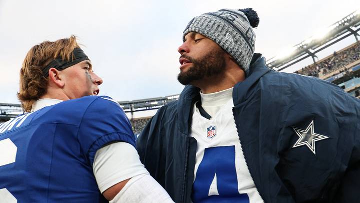 New York Giants quarterback Jaxson Dart greets Dallas Cowboys quarterback Dak Prescott after the game at MetLife Stadium. New York Giants quarterback Jaxson Dart greets Dallas Cowboys quarterback Dak Prescott after the game at MetLife Stadium.