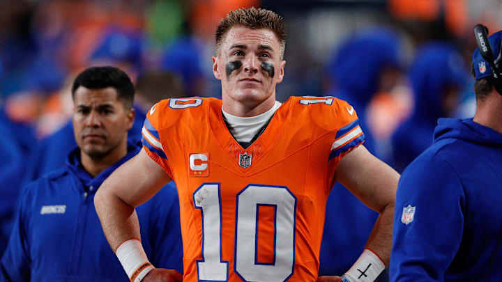 Nov 6, 2025; Denver, Colorado, USA; Denver Broncos quarterback Bo Nix (10) in the fourth quarter against the Las Vegas Raiders at Empower Field at Mile High. Mandatory Credit: Isaiah J. Downing-Imagn Images