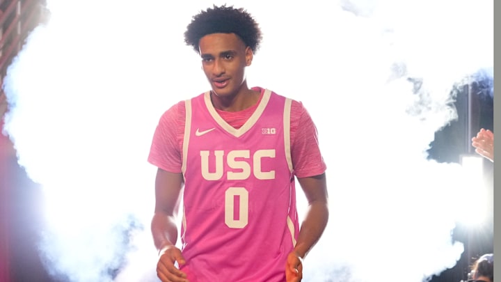 Jan 21, 2026; Los Angeles, California, USA; Southern California Trojans guard Alijah Arenas (0) enters the court before the game against the Northwestern Wildcats at Galen Center.