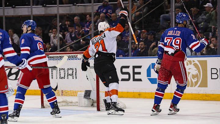 Apr 11, 2024; New York, New York, USA; Philadelphia Flyers right wing Tyson Foerster (71) reacts to