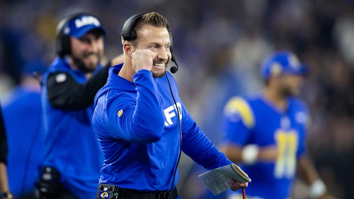 Jan 13, 2025; Glendale, AZ, USA; Los Angeles Rams head coach Sean McVay celebrates a touchdown against the Minnesota Vikings during an NFC wild card game at State Farm Stadium. Mandatory Credit: Mark J. Rebilas-Imagn Images