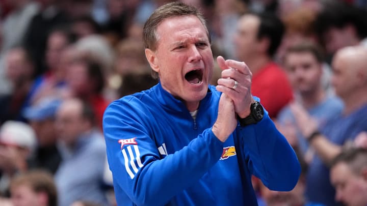 Feb 23, 2026; Lawrence, Kansas, USA; Kansas Jayhawks head coach Bill Self reacts in the final seconds of the game against the Houston Cougars during the second half of the game at Allen Fieldhouse. Mandatory Credit: Denny Medley-Imagn Images