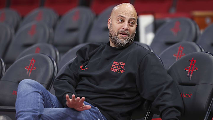 Nov 24, 2023; Houston, Texas, USA; Houston Rockets general manager Rafael Stone talks before the game against the Denver Nuggets at Toyota Center. Mandatory Credit: Troy Taormina-Imagn Images