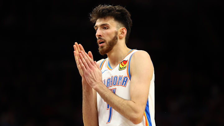 Apr 9, 2025; Phoenix, Arizona, USA; Oklahoma City Thunder forward Chet Holmgren (7) reacts against the Phoenix Suns during the first half at Footprint Center. Mandatory Credit: Mark J. Rebilas-Imagn Images