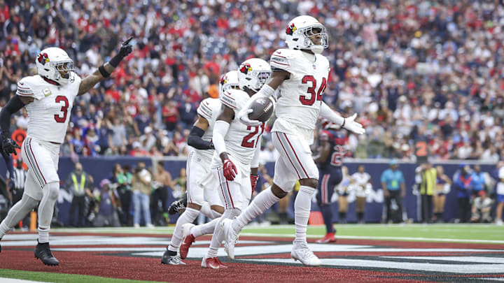 Nov 19, 2023; Houston, Texas, USA; Arizona Cardinals safety Jalen Thompson (34) reacts after making