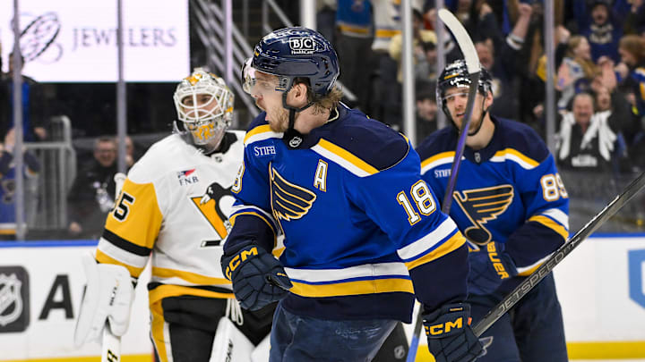 Apr 3, 2025; St. Louis, Missouri, USA;  St. Louis Blues center Robert Thomas (18) reacts after scoring the game winning goal against Pittsburgh Penguins goaltender Tristan Jarry (35) during overtime at Enterprise Center. Mandatory Credit: Jeff Curry-Imagn Images Apr 3, 2025; St. Louis, Missouri, USA;  St. Louis Blues center Robert Thomas (18) reacts after scoring the game winning goal against Pittsburgh Penguins goaltender Tristan Jarry (35) during overtime at Enterprise Center. Mandatory Credit: Jeff Curry-Imagn Images