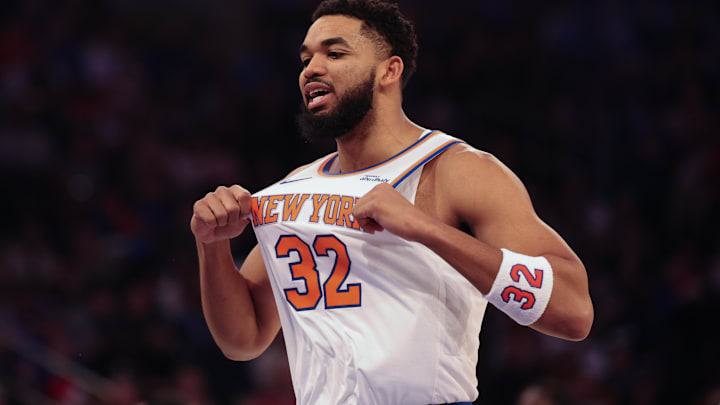 Dec 25, 2025; New York, New York, USA; New York Knicks center Karl-Anthony Towns (32) reacts before the game against the Cleveland Cavaliers at Madison Square Garden.