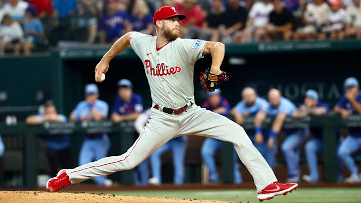 Aug 10, 2025; Arlington, Texas, USA; Philadelphia Phillies starting pitcher Zack Wheeler (45) throws during the first inning against the Texas Rangers at Globe Life Field. Mandatory Credit: Kevin Jairaj-Imagn Images Aug 10, 2025; Arlington, Texas, USA; Philadelphia Phillies starting pitcher Zack Wheeler (45) throws during the first inning against the Texas Rangers at Globe Life Field. Mandatory Credit: Kevin Jairaj-Imagn Images