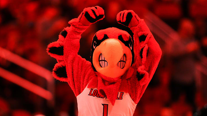 The Louisville Cardinal mascot flexes before the game against South Carolina State at the KFC Yum! Center Monday night, Nov. 3, 2025.