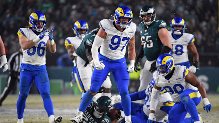 Jan 19, 2025; Philadelphia, Pennsylvania, USA; Los Angeles Rams linebacker Michael Hoecht (97) reacts after making a tackle against the Philadelphia Eagles in a 2025 NFC divisional roundImages