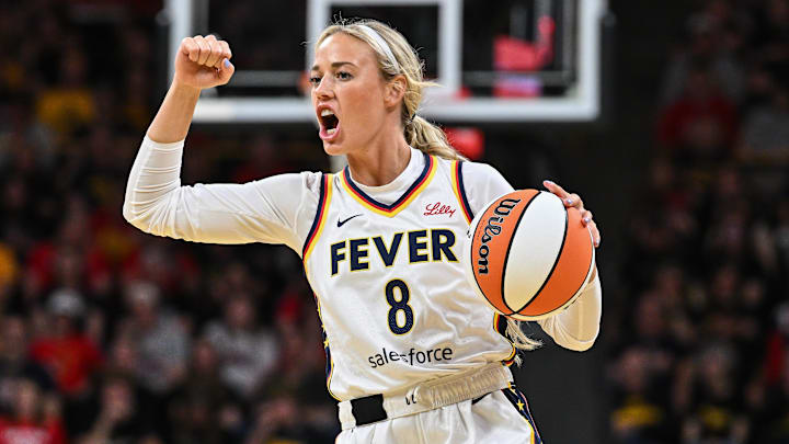 Indiana Fever guard Sophie Cunningham reacts during the third quarter against the Brazil National Team.