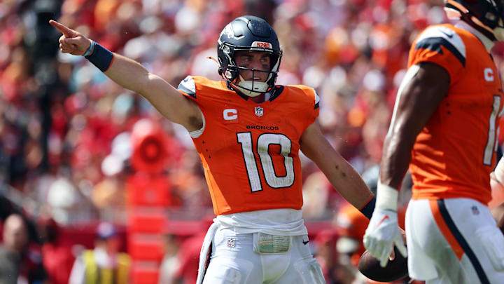 Sep 22, 2024; Tampa, Florida, USA; Denver Broncos quarterback Bo Nix (10) reacts after he gets first down against the Tampa Bay Buccaneers during the second half at Raymond James Stadium. Sep 22, 2024; Tampa, Florida, USA; Denver Broncos quarterback Bo Nix (10) reacts after he gets first down against the Tampa Bay Buccaneers during the second half at Raymond James Stadium.