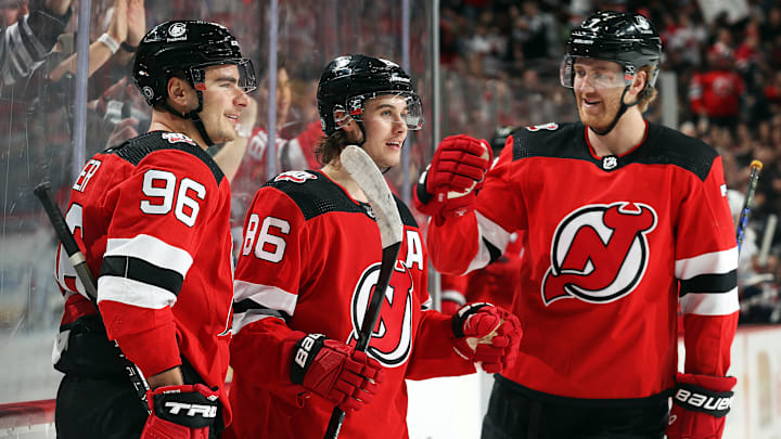 Devils Timo Meier, Jack Hughes, and Dougie Hamilton