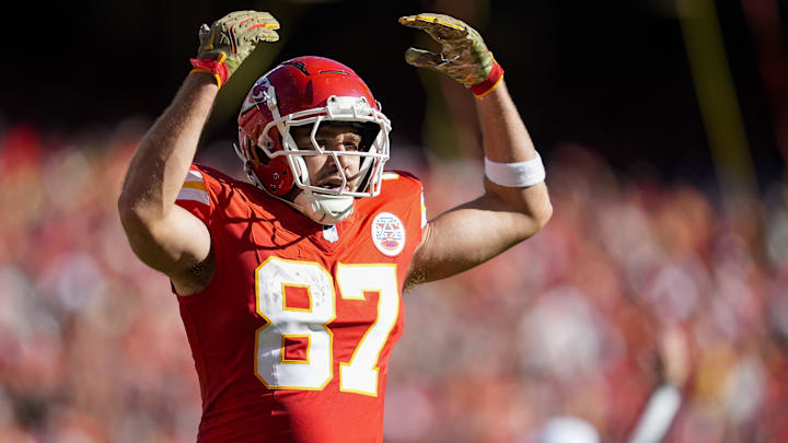 Nov 10, 2024; Kansas City, Missouri, USA; Kansas City Chiefs tight end Travis Kelce (87) celebrates after scoring a touchdown during the first half against the Denver Broncos at GEHA Field at Arrowhead Stadium. Mandatory Credit: Jay Biggerstaff-Imagn Images