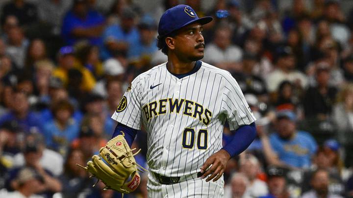 Aug 23, 2025; Milwaukee, Wisconsin, USA; Milwaukee Brewers pitcher Carlos Rodriguez (00) looks on after giving up 4 runs in the seventh inning against the San Francisco Giants at American Family Field. Mandatory Credit: Benny Sieu-Imagn Images