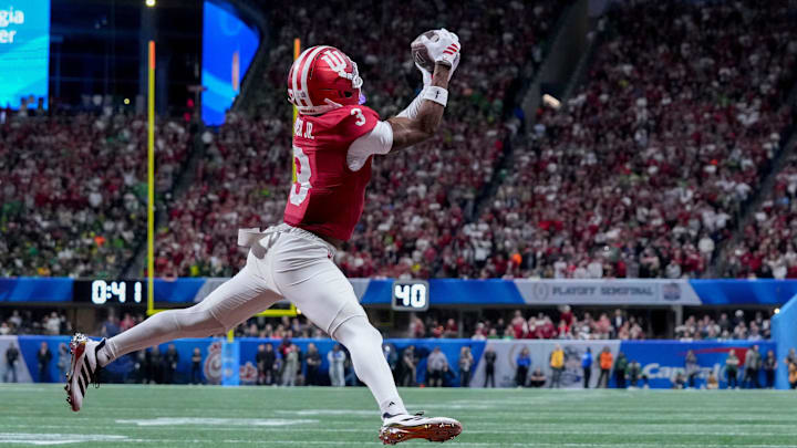 Indiana Hoosiers wide receiver Omar Cooper Jr. (3) makes a catch for a touchdown Friday, Jan. 9, 2026, during the Peach Bowl and semifinal game of the College Football Playoff against the Oregon Ducks at Mercedes-Benz Stadium in Atlanta.
