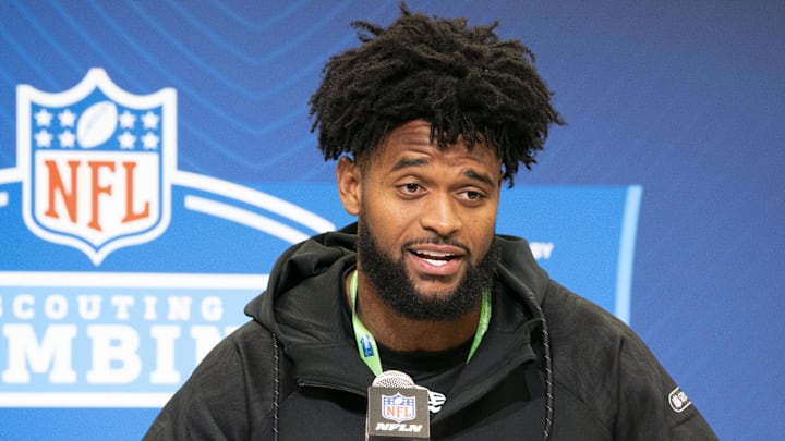Feb 28, 2025; Indianapolis, IN, USA; Oregon wideout Traeshon Holden (WO19) answers questions at a press conference during the 2025 NFL Combine at Indiana Convention Center. 