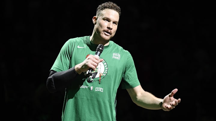 Apr 9, 2023; Boston, Massachusetts, USA; Boston Celtics forward Blake Griffin (91) addresses the