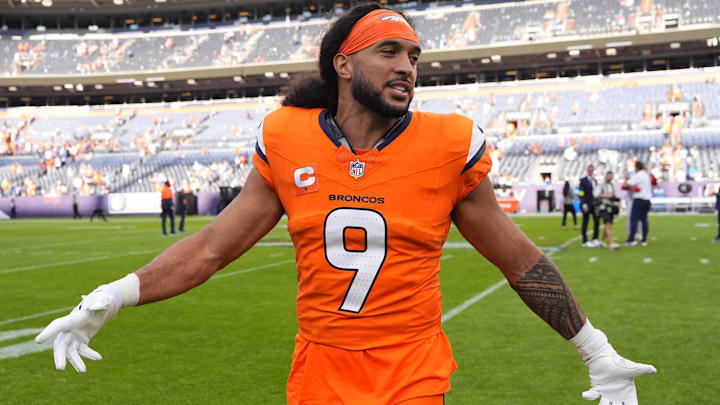 Sep 7, 2025; Denver, Colorado, USA; Denver Broncos safety Talanoa Hufanga (9) after the game at Empower Field at Mile High. 