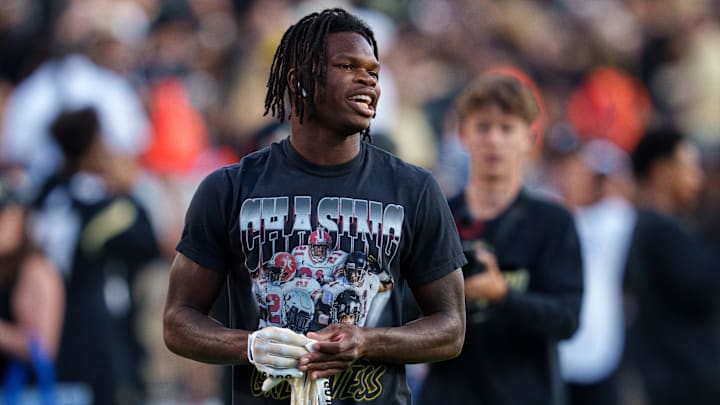 Sep 16, 2023; Boulder, Colorado, USA; Colorado Buffaloes cornerback Travis Hunter (12) warms up
