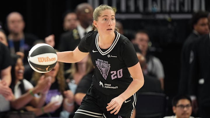 Jun 1, 2025; San Francisco, California, USA; Golden State Valkyries guard Kate Martin (20) dribbles against the Minnesota Lynx during the third quarter at Chase Center. Mandatory Credit: Darren Yamashita-Imagn Images Jun 1, 2025; San Francisco, California, USA; Golden State Valkyries guard Kate Martin (20) dribbles against the Minnesota Lynx during the third quarter at Chase Center. Mandatory Credit: Darren Yamashita-Imagn Images