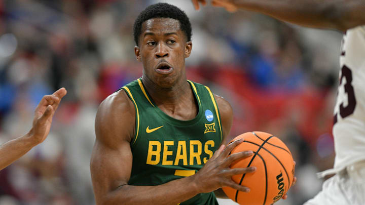 Mar 21, 2025; Raleigh, NC, USA; Baylor Bears guard VJ Edgecombe (7) has the ball against the Mississippi State Bulldogs during the second half in the first round of the NCAA Tournament at Lenovo Center. Mandatory Credit: Zachary Taft-Imagn Images