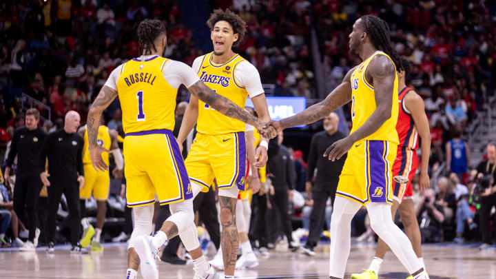 Apr 16, 2024; New Orleans, Louisiana, USA; Los Angeles Lakers center Jaxson Hayes (11) reacts to a play with guard D'Angelo Russell (1) on a time out against the New Orleans Pelicans during the first half of a play-in game of the 2024 NBA playoffs against the New Orleans Pelicans at Smoothie King Center. Mandatory Credit: Stephen Lew-USA TODAY Sports Apr 16, 2024; New Orleans, Louisiana, USA; Los Angeles Lakers center Jaxson Hayes (11) reacts to a play with guard D'Angelo Russell (1) on a time out against the New Orleans Pelicans during the first half of a play-in game of the 2024 NBA playoffs against the New Orleans Pelicans at Smoothie King Center. Mandatory Credit: Stephen Lew-USA TODAY Sports