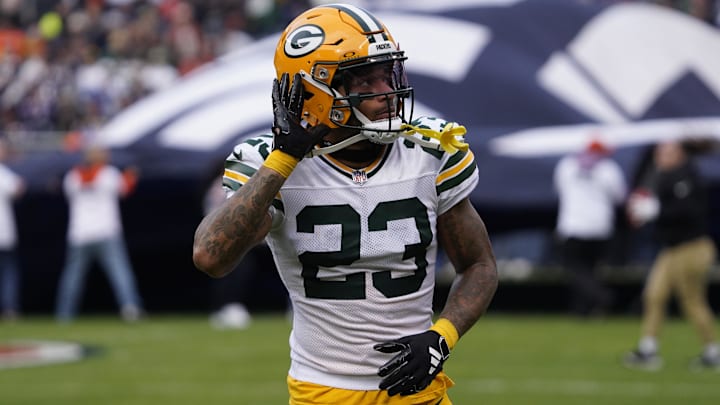 Green Bay Packers cornerback Jaire Alexander (23) gestures to the fans before the game against the Chicago Bears at Soldier Field. Green Bay Packers cornerback Jaire Alexander (23) gestures to the fans before the game against the Chicago Bears at Soldier Field.