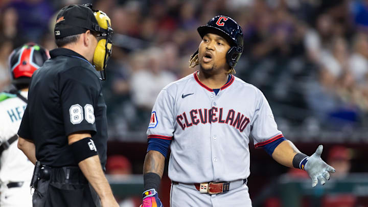 Aug 19, 2025; Phoenix, Arizona, USA; Cleveland Guardians third baseman Jose Ramirez argues with an umpire after striking out in the third inning against the Arizona Diamondbacks at Chase Field. Mandatory Credit: Mark J. Rebilas-Imagn Images