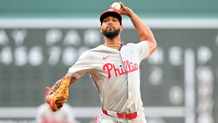 Jun 12, 2024; Boston, Massachusetts, USA; Philadelphia Phillies pitcher Cristopher Sanchez (61) pitches against the Boston Red Sox during the first inning at Fenway Park. Jun 12, 2024; Boston, Massachusetts, USA; Philadelphia Phillies pitcher Cristopher Sanchez (61) pitches against the Boston Red Sox during the first inning at Fenway Park.